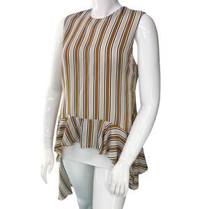 Zara Womens Size M Asymmetric Tunic Top Striped Ruffle Hem Blouse Hi Low Striped